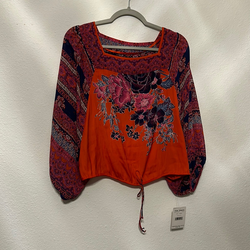 Free People Floral Blouse Size S Nwt Drawstring Hem And Elastic Cuffs